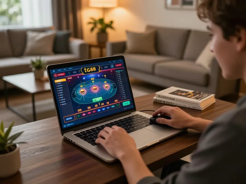 Player enjoying a thrilling game on tg88, showcasing a vibrant online interface at home.