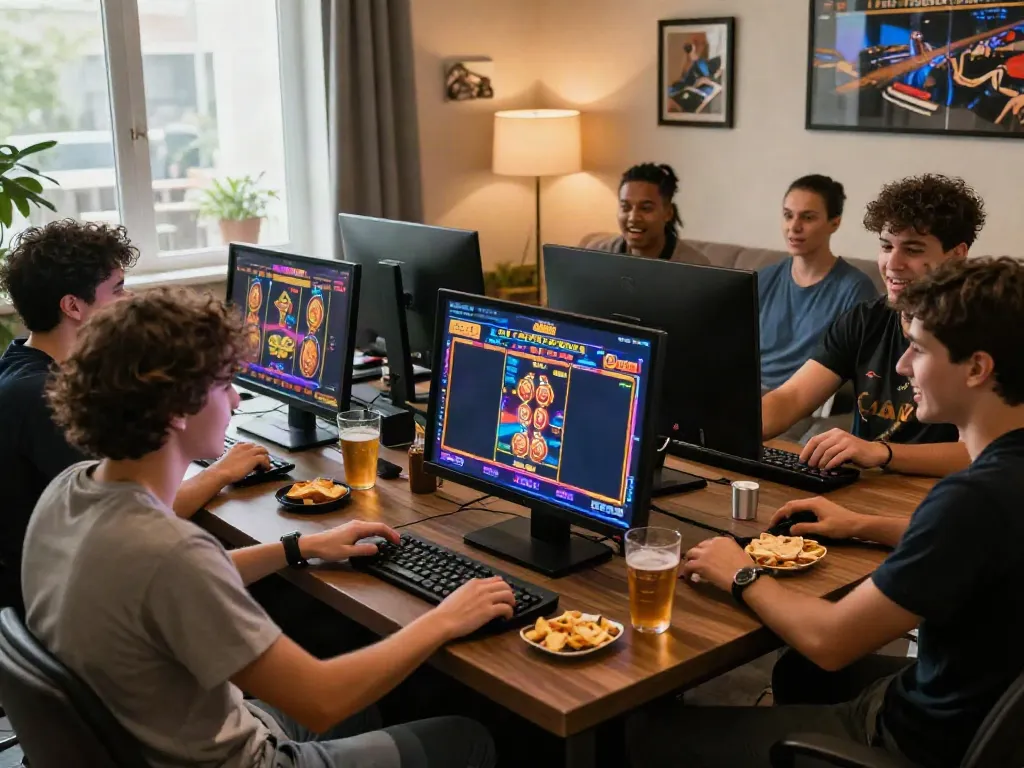 Diverse friends enjoying online gaming together at a non gamstop casino with a lively atmosphere.