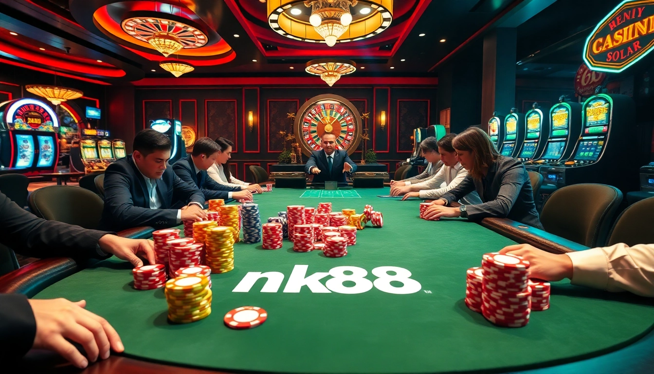 Players engaging in thrilling poker at nk88 casino, showcasing vibrant chips and a dealer in action.