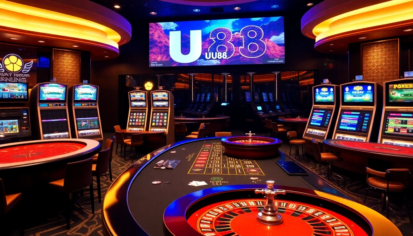 UU88 online casino showcase with poker tables and slot machines in an exciting atmosphere.