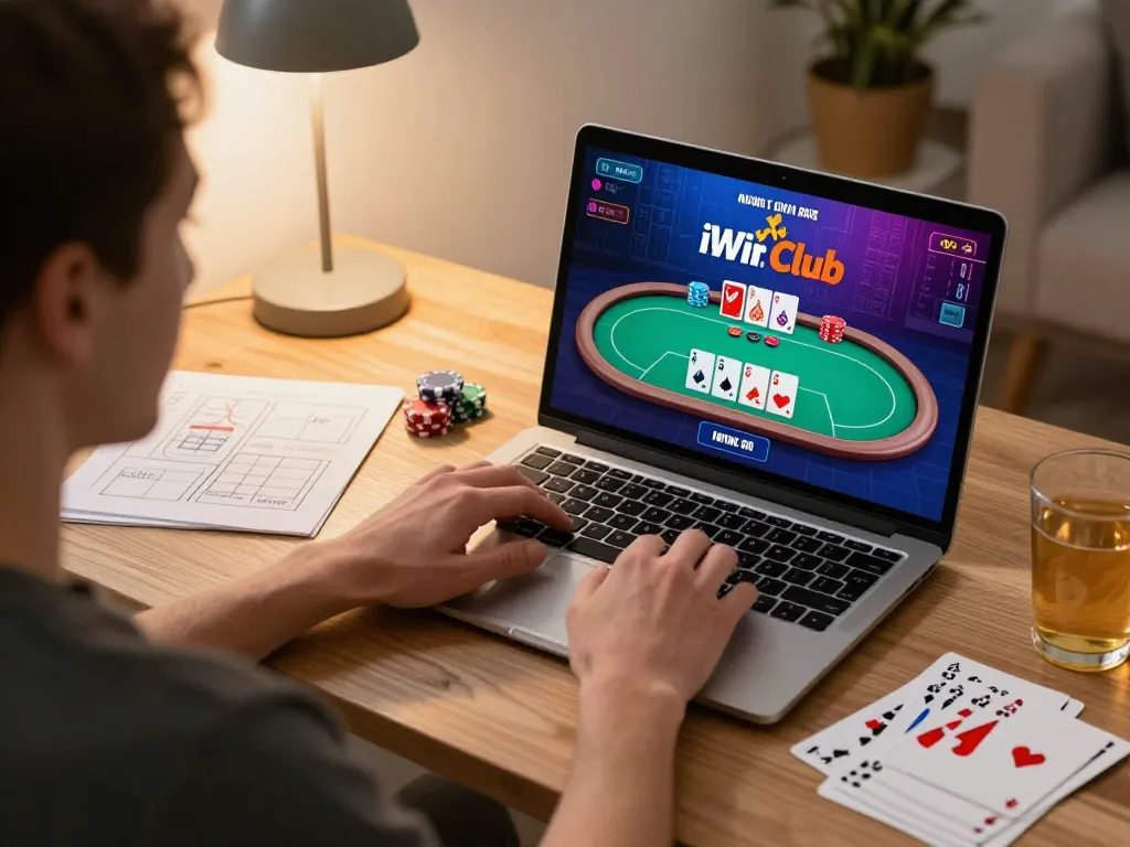 Engaging player enjoying a game on iWin Club on laptop in a cozy home office setting