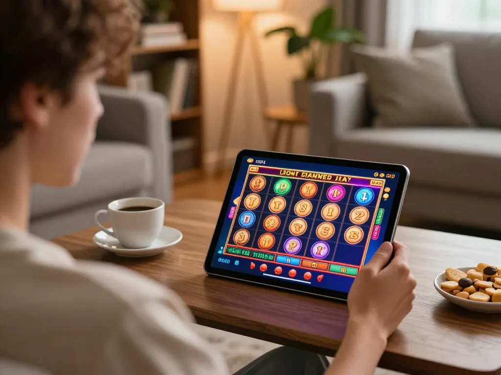 Experience good88 online gaming on a tablet in a cozy living room with vibrant graphics