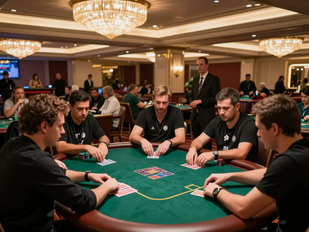 Debet poker tournament scene showcasing players' strategic moves and luxurious casino atmosphere.