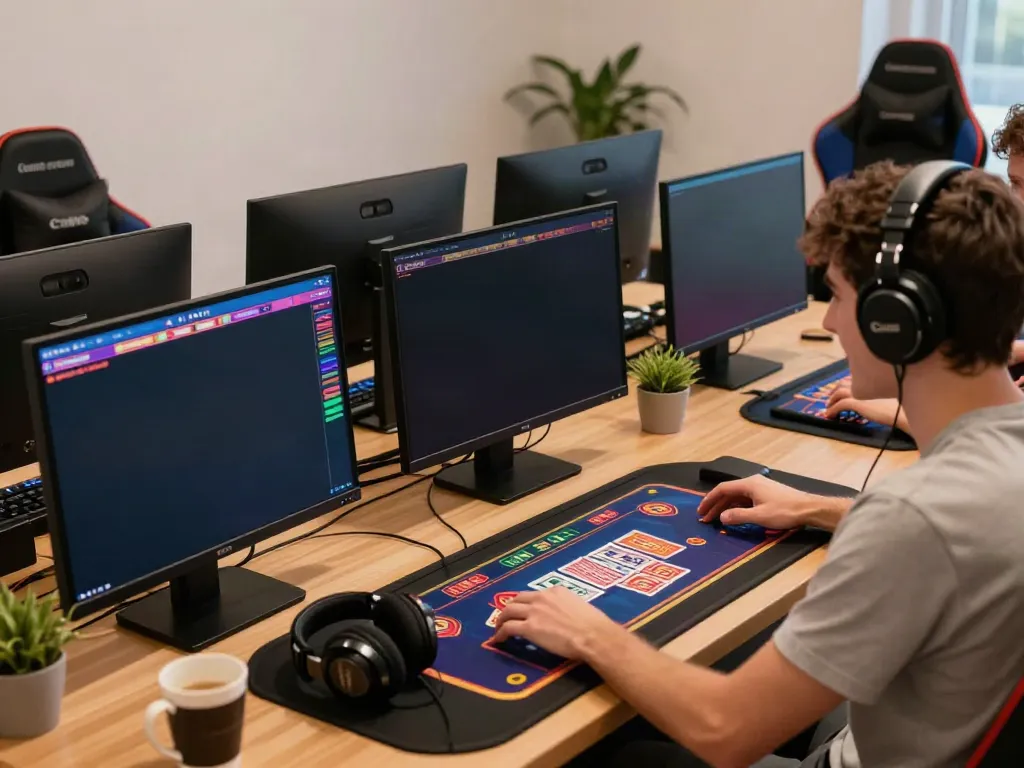 Exciting non Gamstop casino gaming experience with colorful games and a player engaged at a computer.