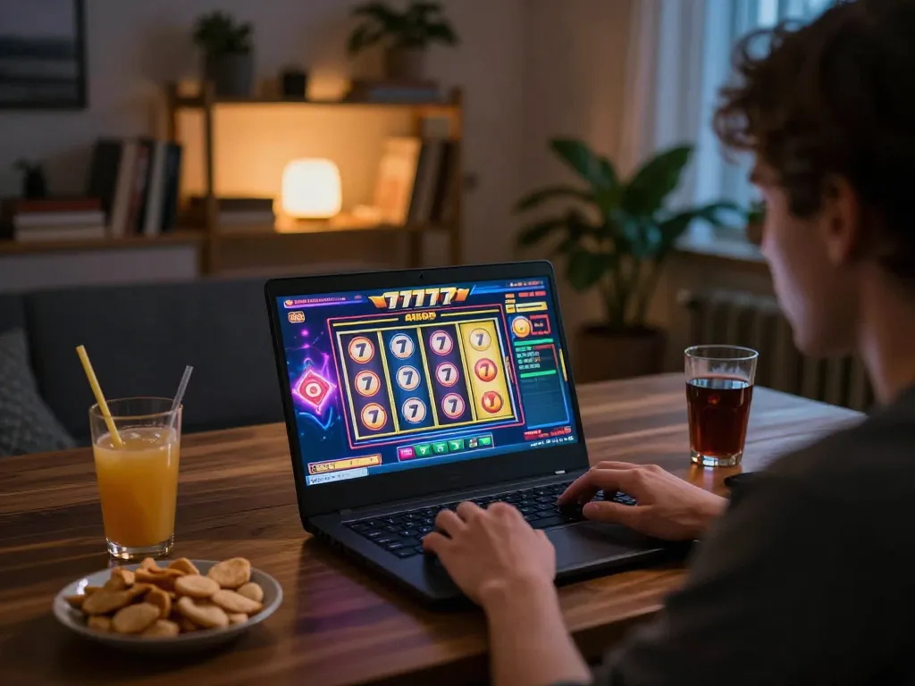 Playing slot777 games on a laptop in a cozy home environment with vibrant graphics.