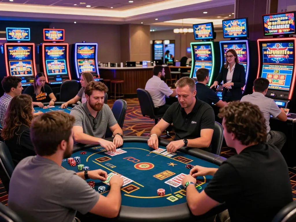 Exciting scene of players at a non GamStop casino engaging in various games with colorful chips and lively atmosphere.