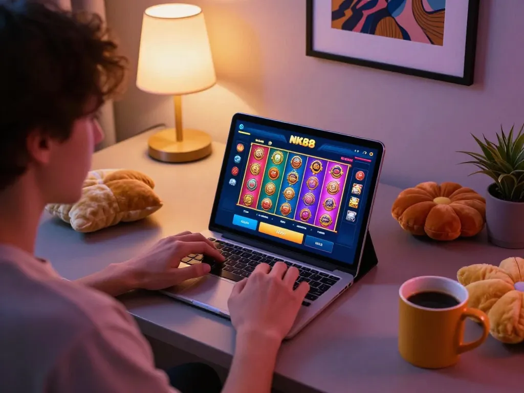 Engaging mobile gaming on NK88 app with vibrant slot games on tablet screen.