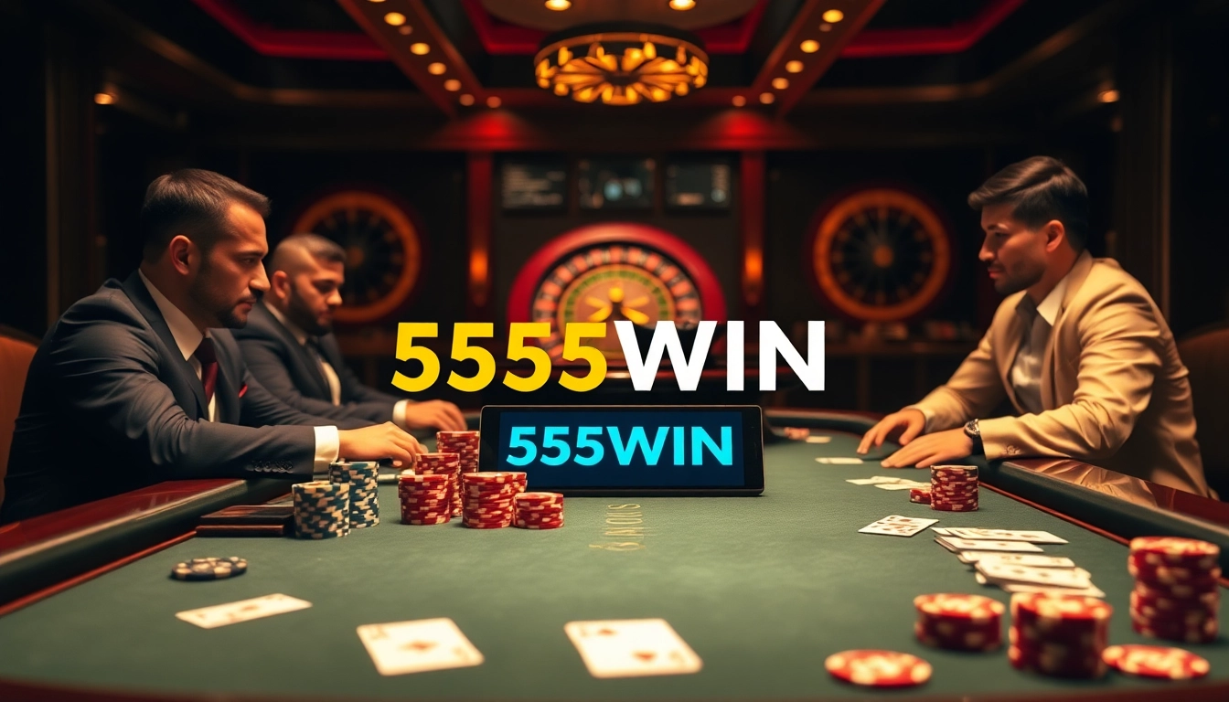 Exciting poker scene at 555win casino with players, chips, and cards.