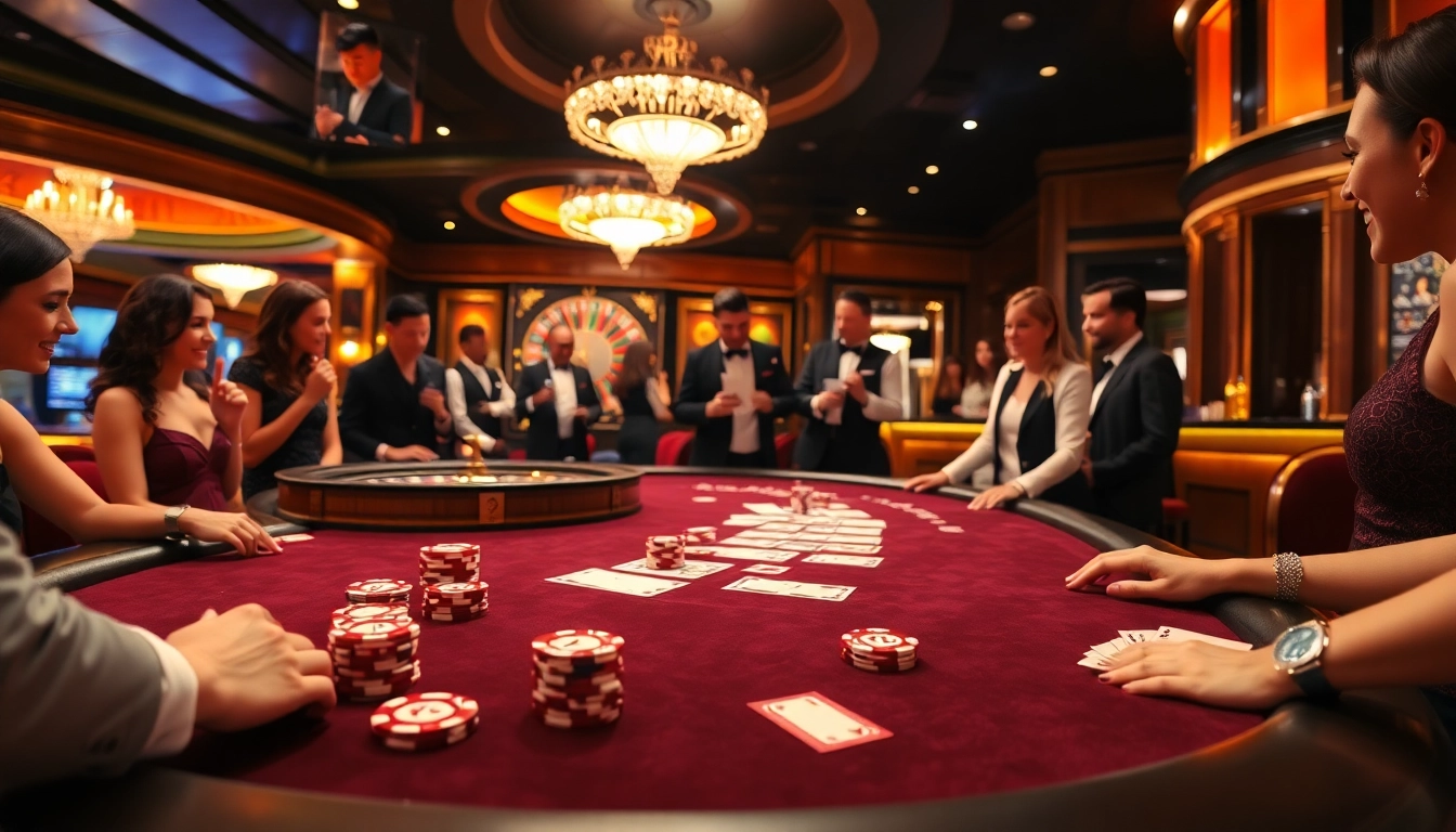 Exciting gambling scene at an x88 poker table with elegant players and vibrant casino atmosphere.