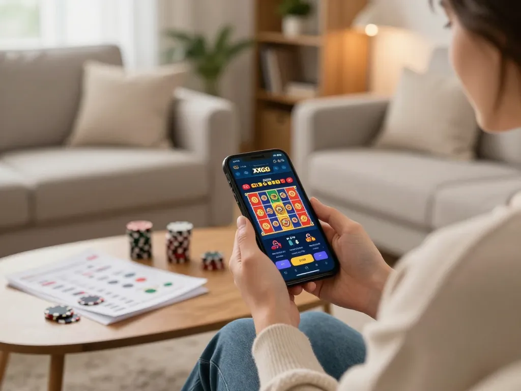 Player enjoying the XXGG casino app on their smartphone in a warm home environment