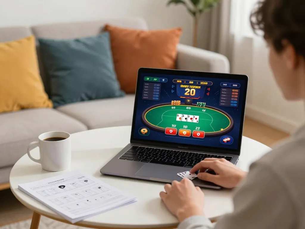 Engaging online poker gameplay on laptop by mb66 user in a cozy living room setting