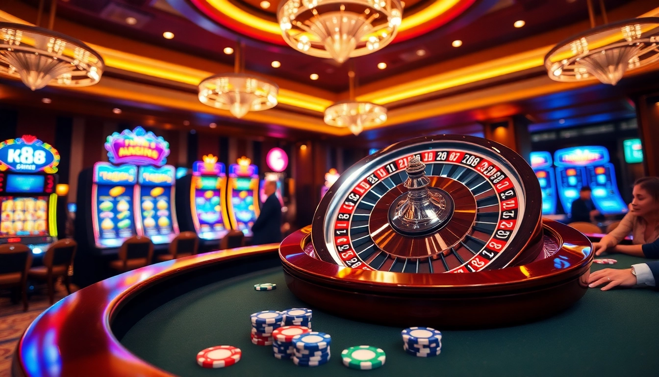 Exciting scene of players strategizing in an elegant casino setting at NK88.