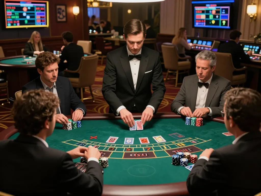 Luckywin players engaged in a thrilling blackjack game at a luxurious casino table, showcasing strategy and excitement.