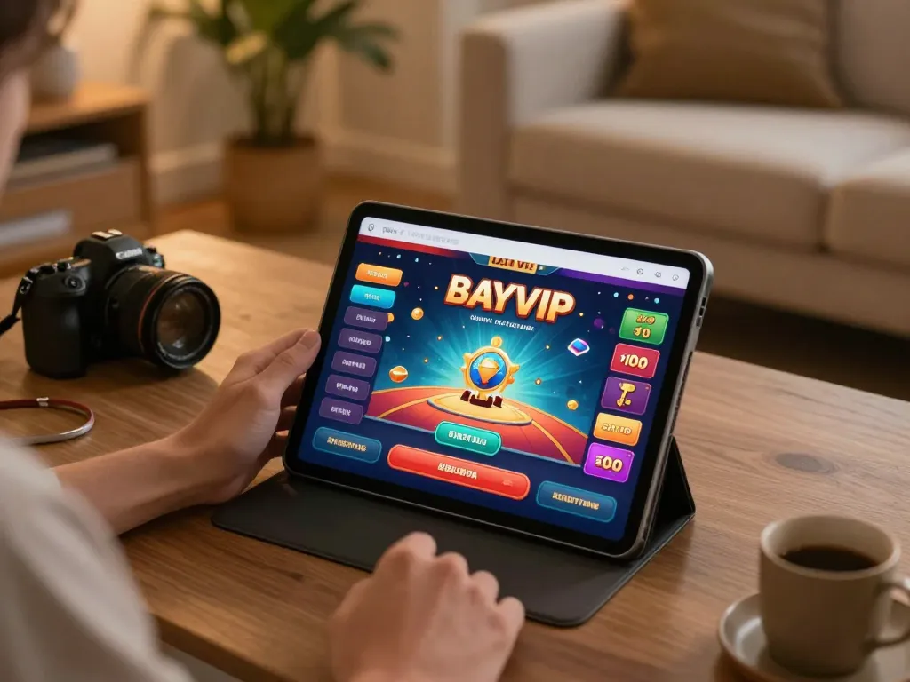BAYVIP player enjoying engaging casino games on tablet in cozy home setup