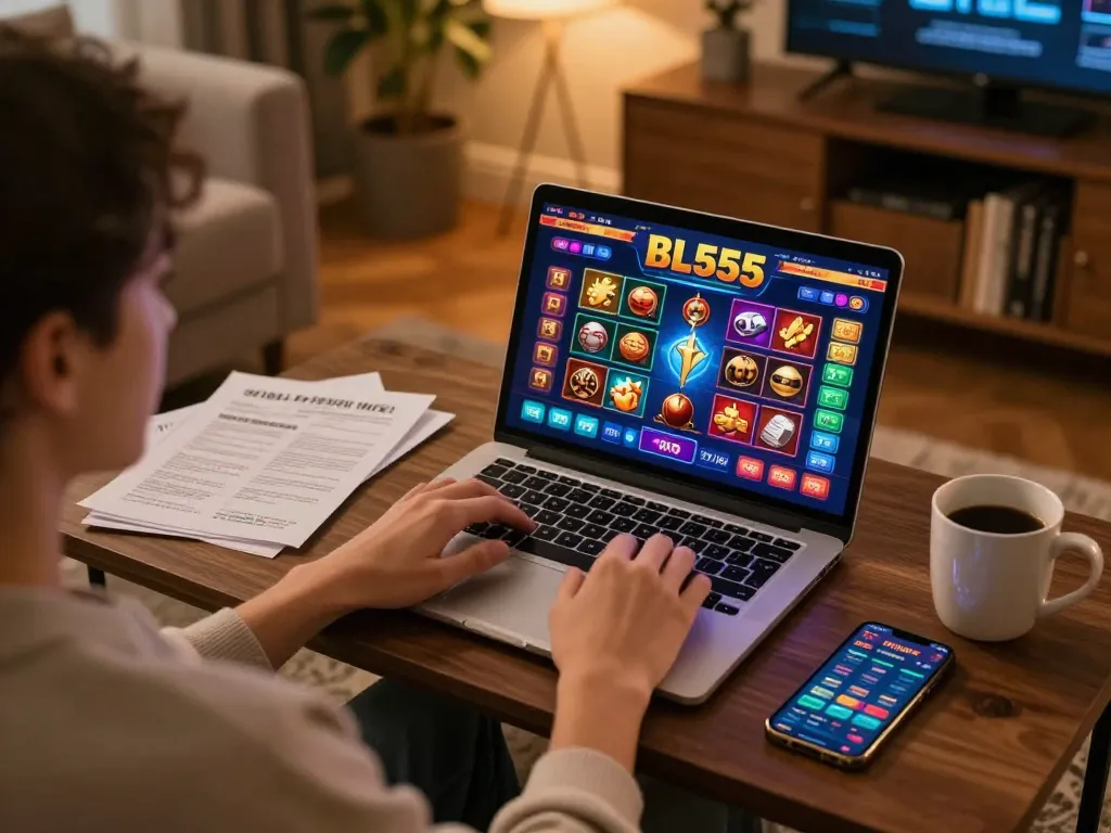 Engaging online gambling experience on BL555 app, featuring interactive games and comfortable home setting.