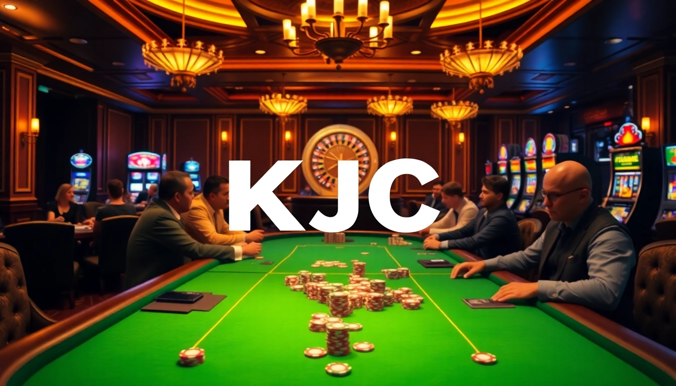 KJC poker players strategizing at high-stakes tables, surrounded by vibrant casino ambiance.