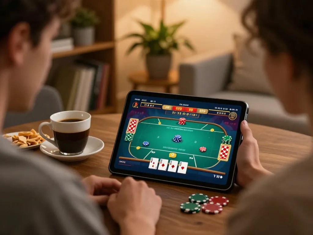 O8 player engaging in poker gameplay on tablet at home, showcasing strategic betting in modern setting.
