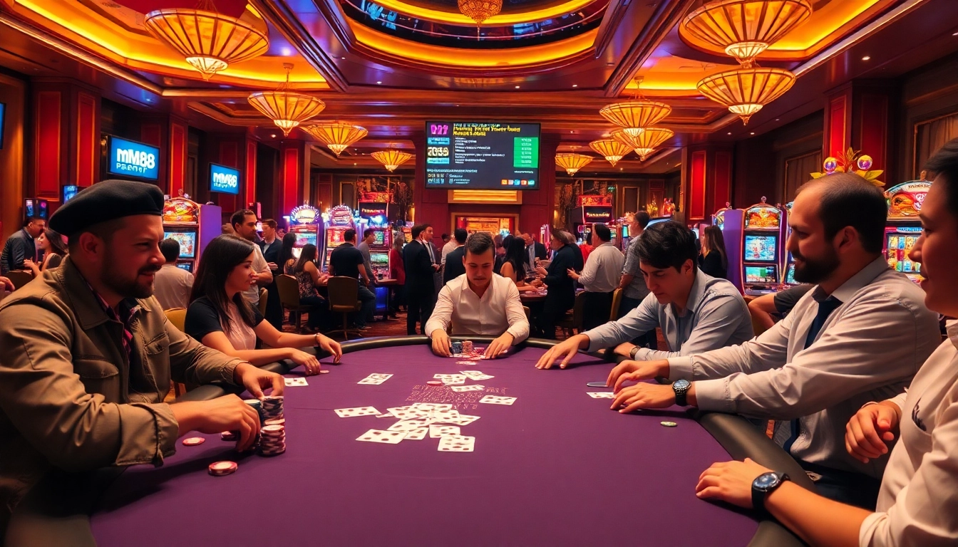 Engage with the exhilarating world of gambling at MM88 report, featuring vibrant casino visuals with players and games.