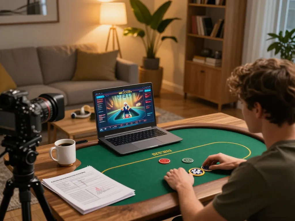 32win online gaming scene with player engaged in poker strategy at home, cozy atmosphere.