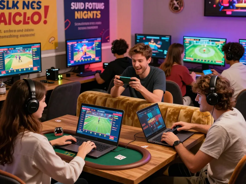 Hitclub online gaming scene with diverse players enjoying various games on multiple devices, showcasing the vibrant and energetic atmosphere of this leading entertainment platform.