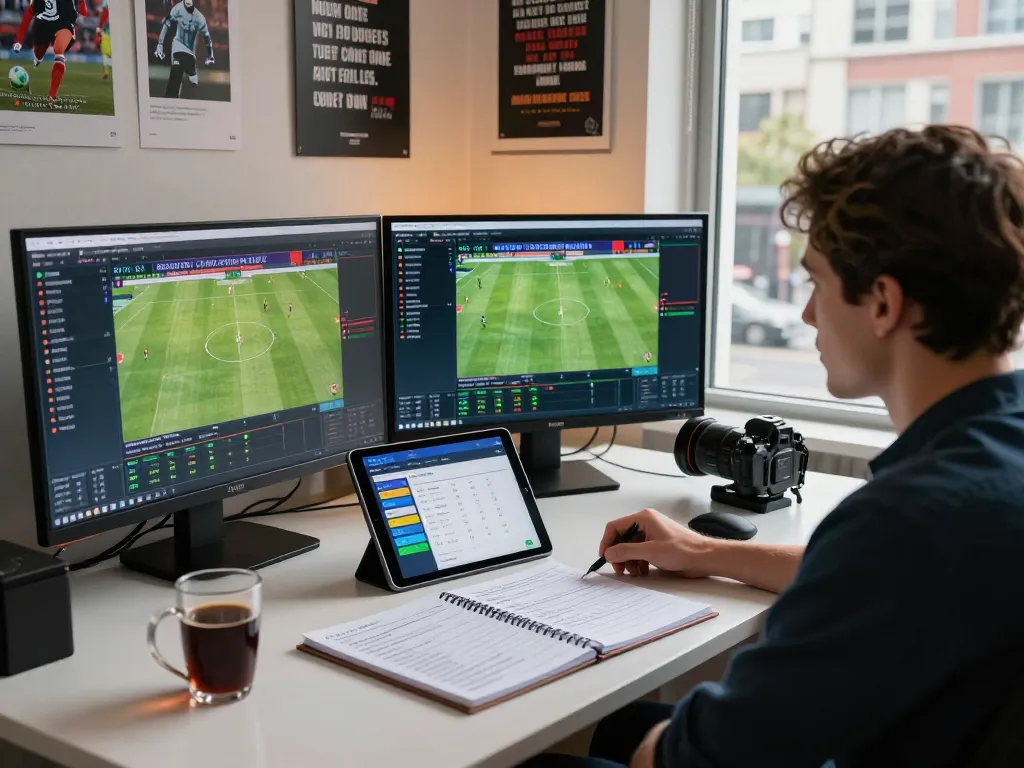 Engaging scene of sports betting analysis with kèo nhà cái updates on multiple screens in a modern home office.