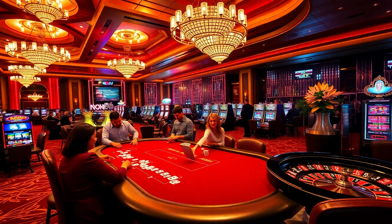 Nohu-themed casino scene featuring a vibrant poker table and illuminated slot machines.