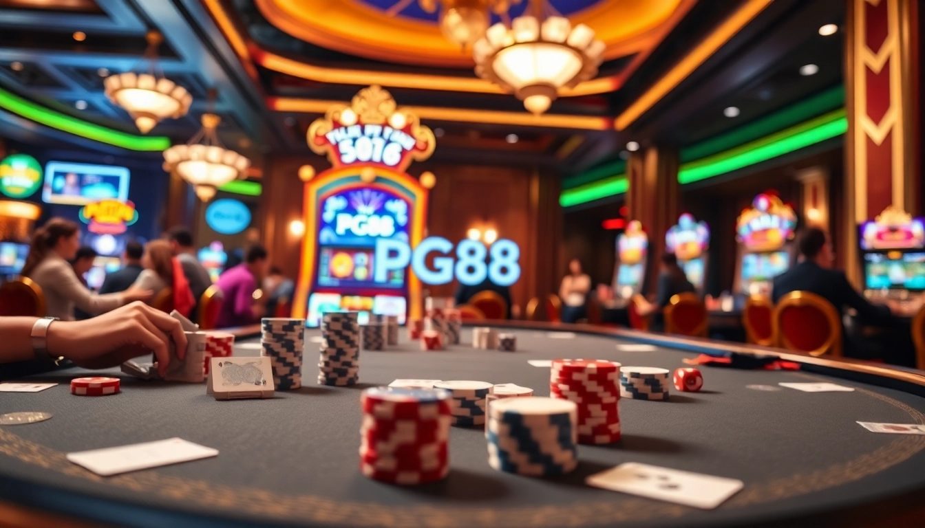 Experience exciting gameplay at PG88 with vibrant casino elements like slot machines and poker chips.