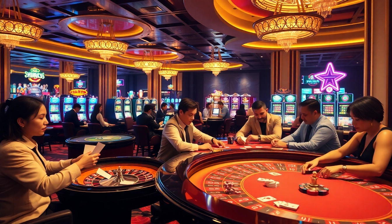 Players experiencing thrilling games at MM88 casino, featuring roulette tables and poker chips