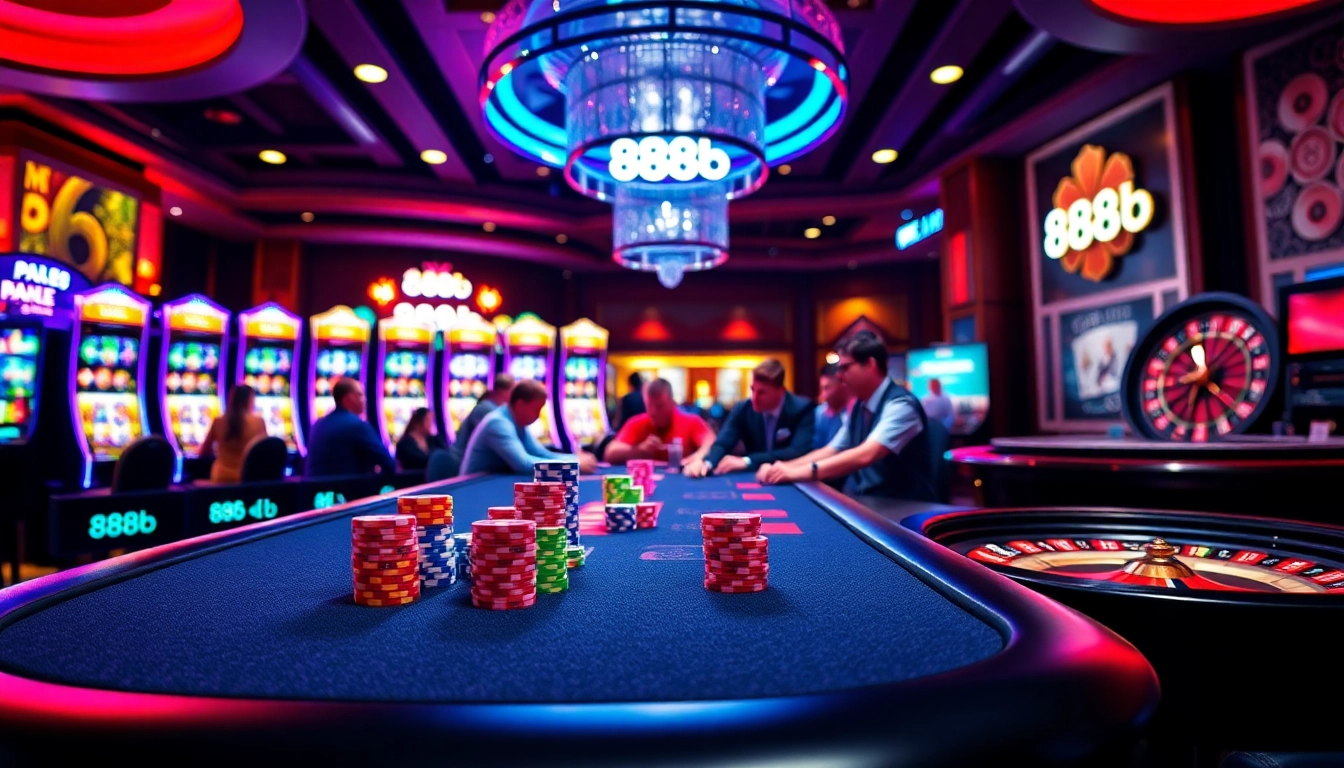 Engaged players at the 888b poker table, surrounded by vibrant casino elements.