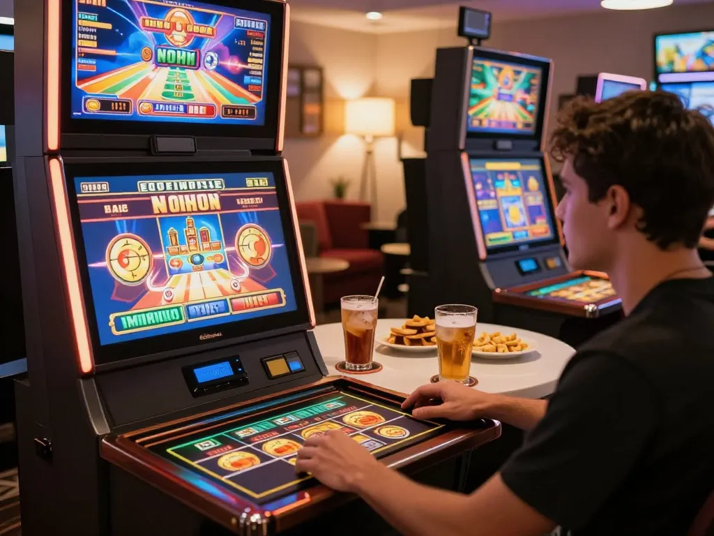 Person playing nohu slot games on multiple screens in a cozy home setting.