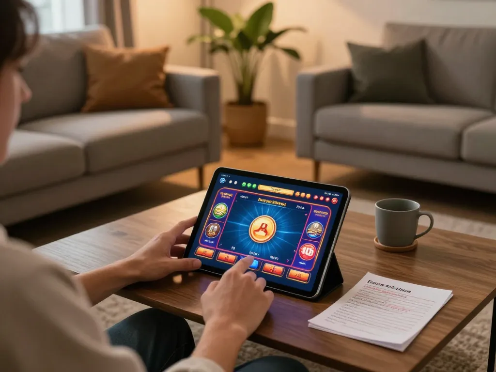 Engaging online gambling scene with user on tablet gaming at home, highlighting 68gamebaivn experience.