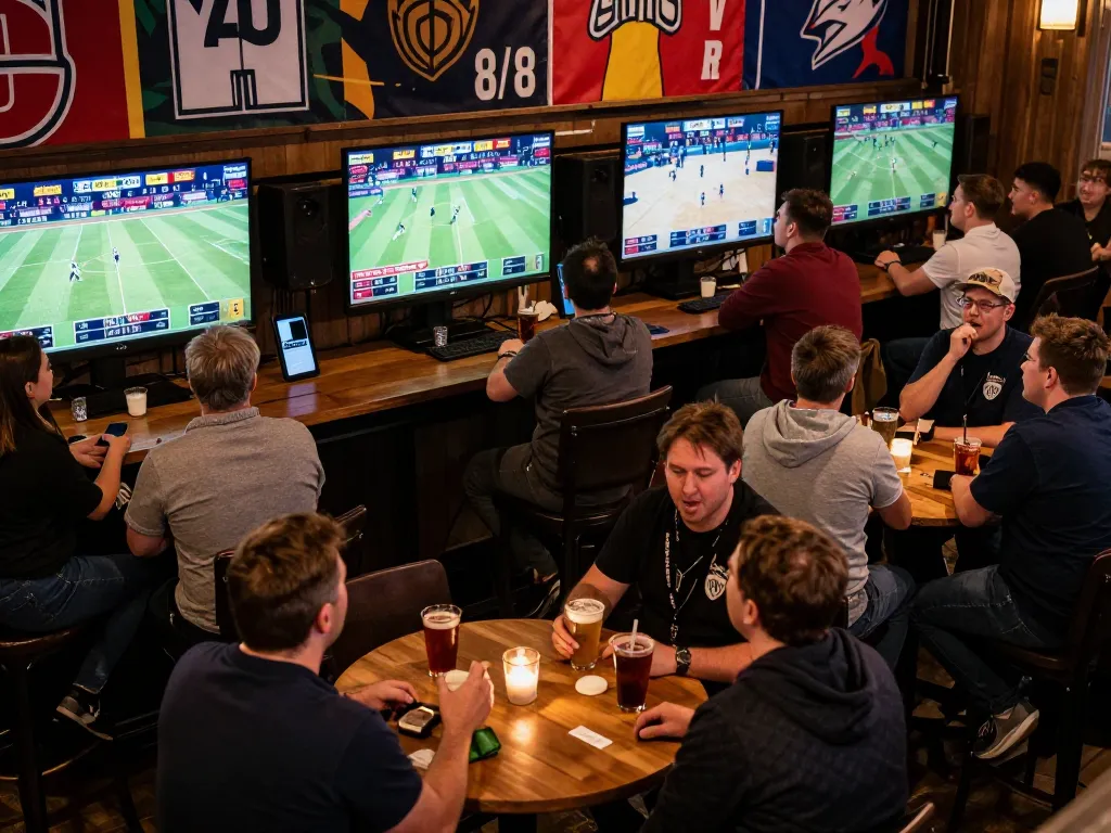 Excited bettors engaging in live sports betting at lc88 venue with multiple screens showing games.