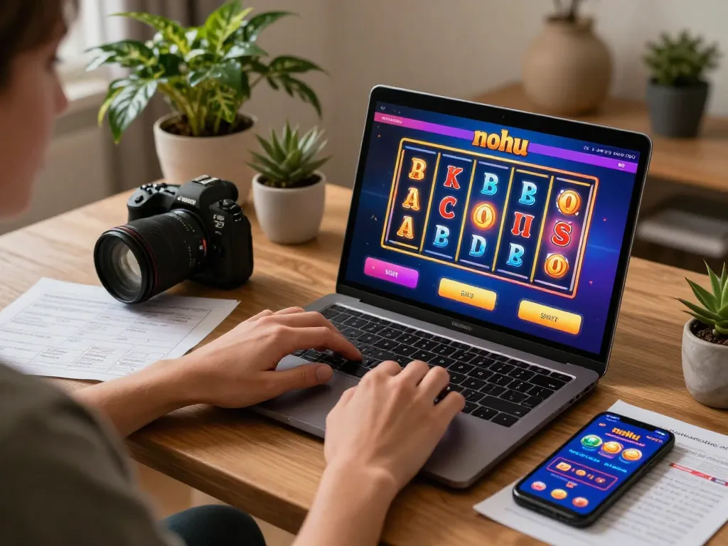 Player spinning reels on nohu online slot game during a cozy home gaming session.