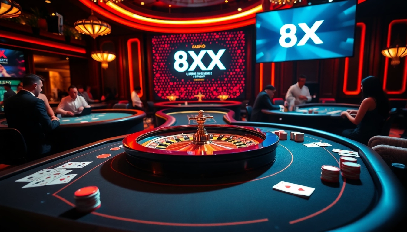 8XX casino experience featuring vibrant tables and excited players.