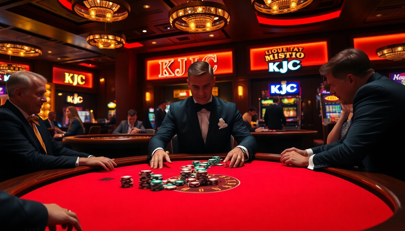 Players engage at a KJC high-stakes poker table, showcasing luxury and excitement in casino gaming.