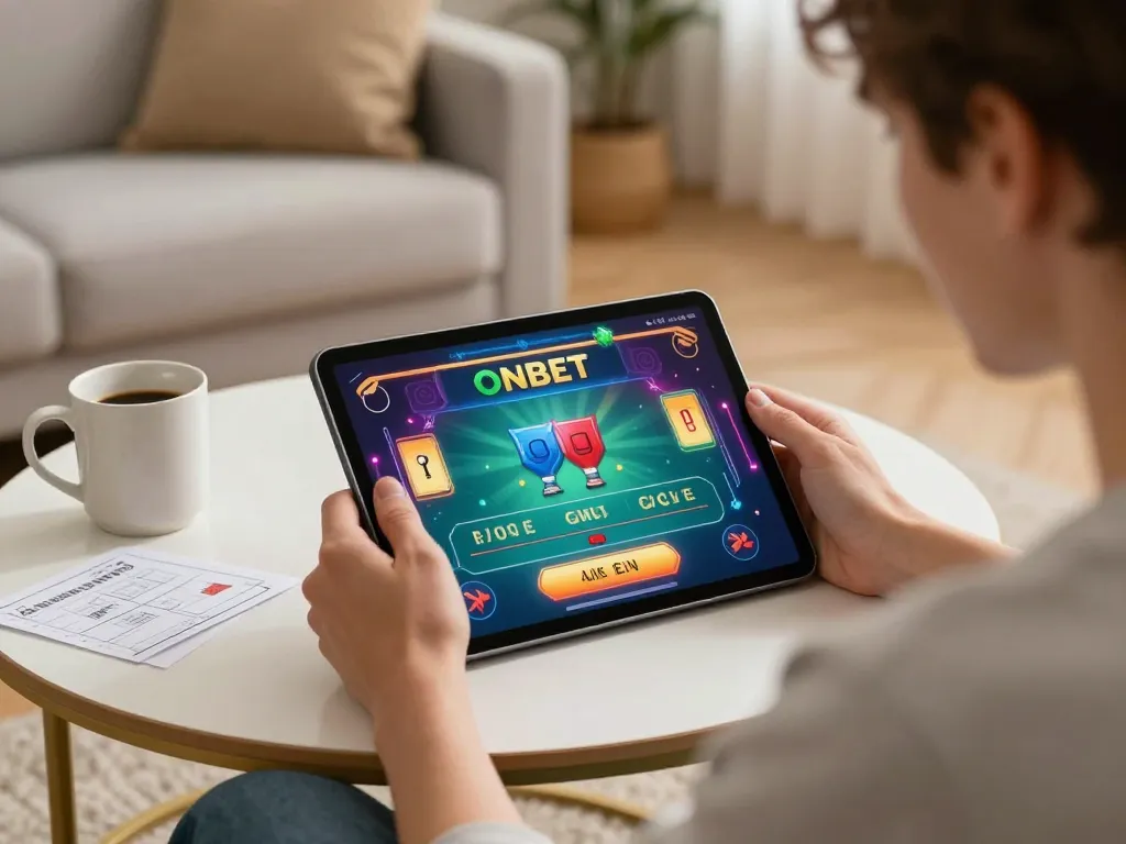 Engaged player using Onbet app on tablet for strategic online gameplay in cozy living room.