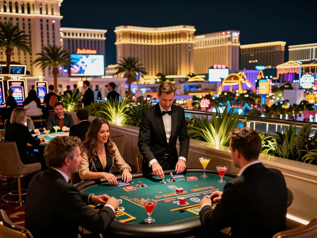 Win138 players enjoying strategic betting at a luxury Vegas casino, vibrant lights and tables