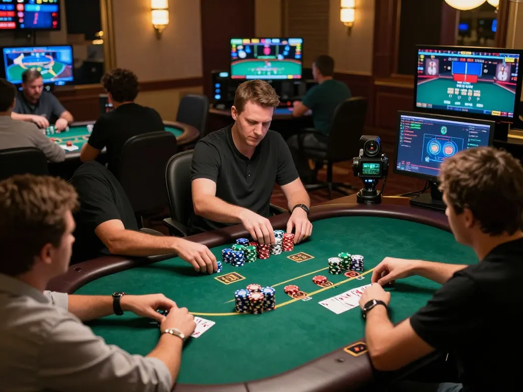 Live poker gameplay experience at trang chủ fun79 with players engaging and colorful chips stacked