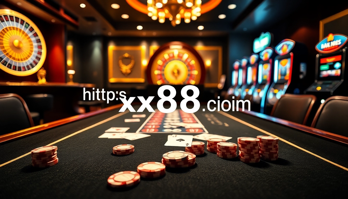 Experience high-stakes gaming at https://xx88.uk.com/, showcasing exciting casino elements like roulette wheels and poker chips.