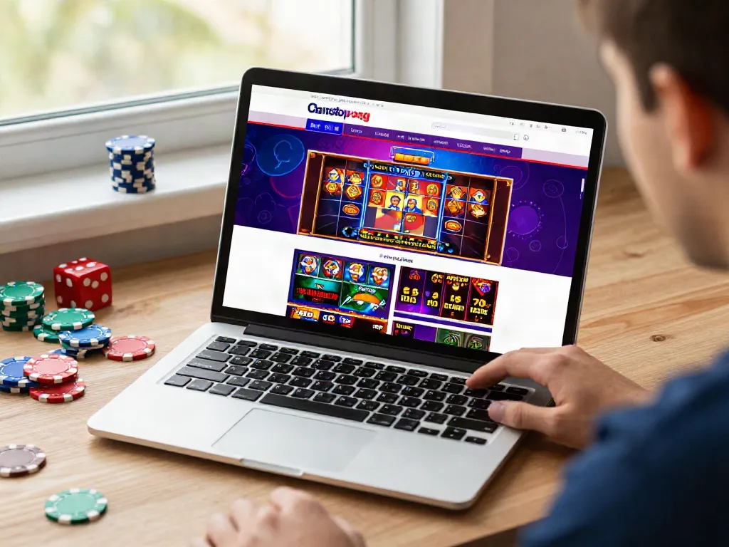 Player exploring non GamStop casino games on a laptop with vibrant colors and casino decor.