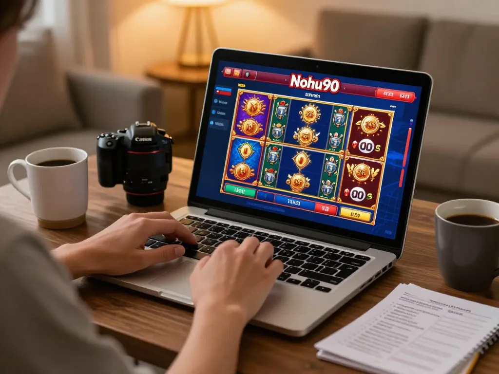 Nohu90 player engaging in strategic online casino games on laptop with vibrant screen.