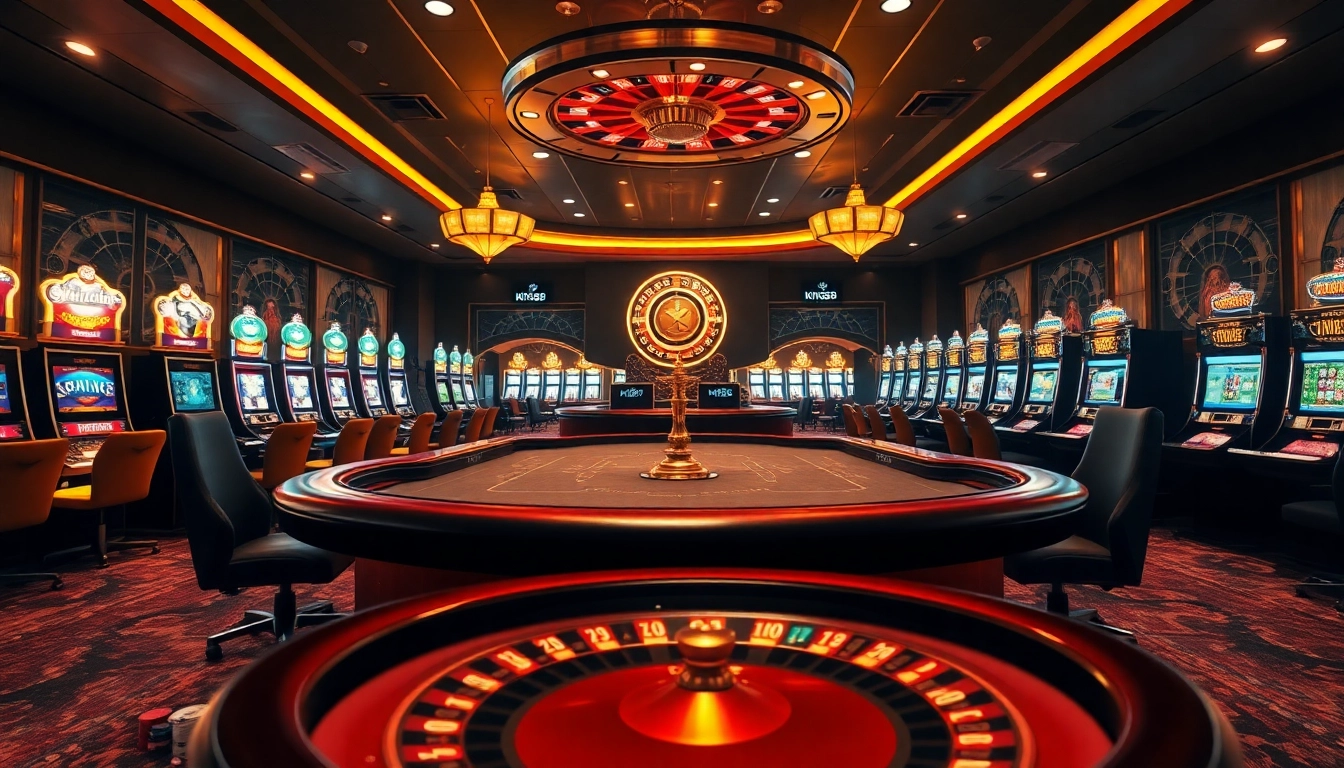 Experience the thrill of King88 with a luxurious online casino scene featuring advanced gaming tables and slot machines.