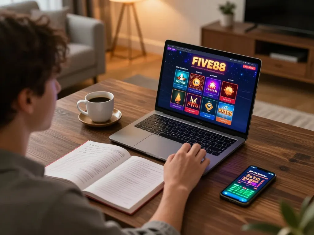 Enjoying online gaming at home with FIVE88 on the laptop and strategic notes nearby
