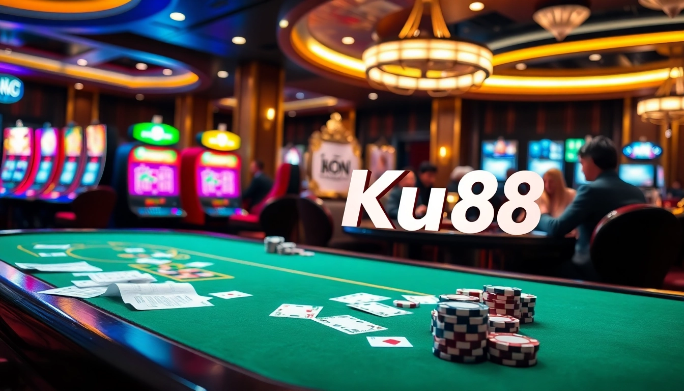Engaging casino scene featuring Link Ku88 chính thức with players at tables and vibrant slot machines.