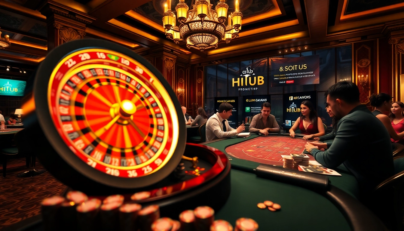 Exciting Hitclub gaming atmosphere featuring poker, roulette, and vibrant decor.