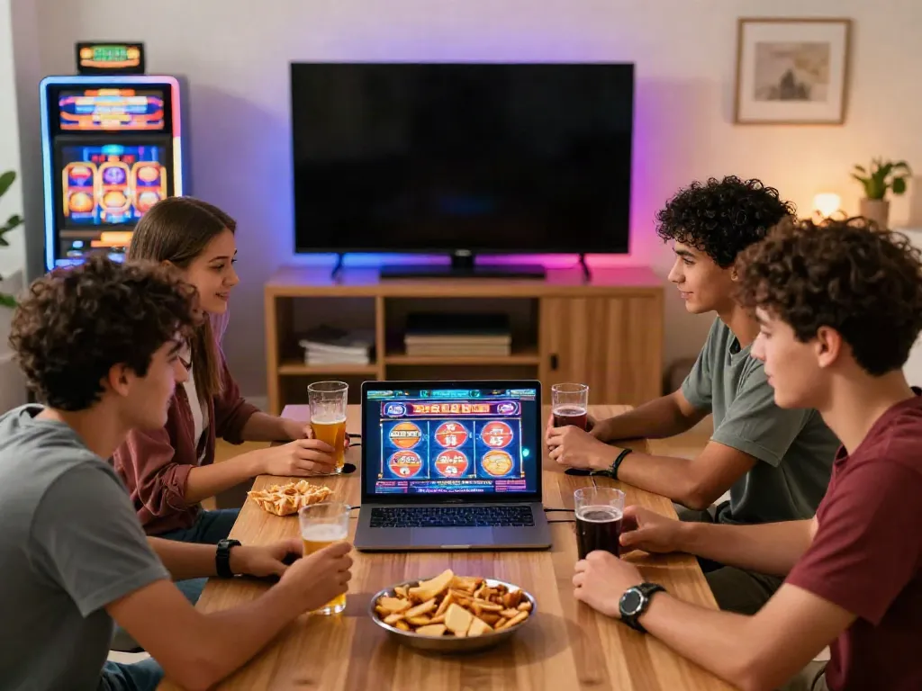 Friends enjoying gaming at a non gamstop casino in a cozy living room.