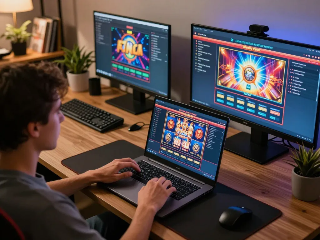 Player engaging with F168 COM slot games on a laptop, showcasing vibrant graphics and betting options.