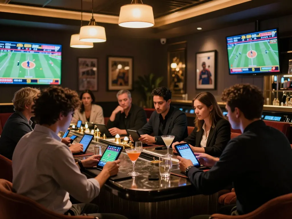 Fabet bettors analyzing live sports odds in upscale betting lounge.