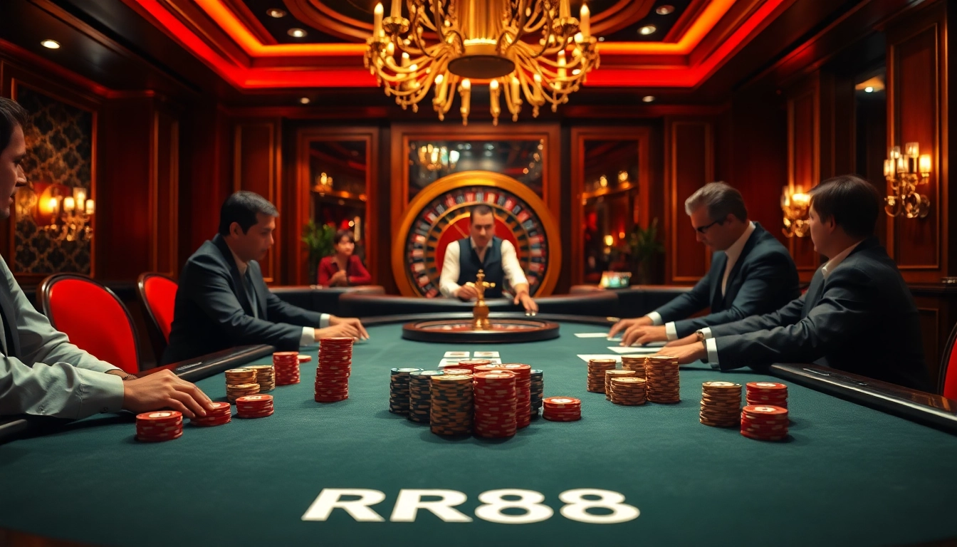 Experience high-stakes excitement at RR88 casino with professional poker players and vibrant game elements.
