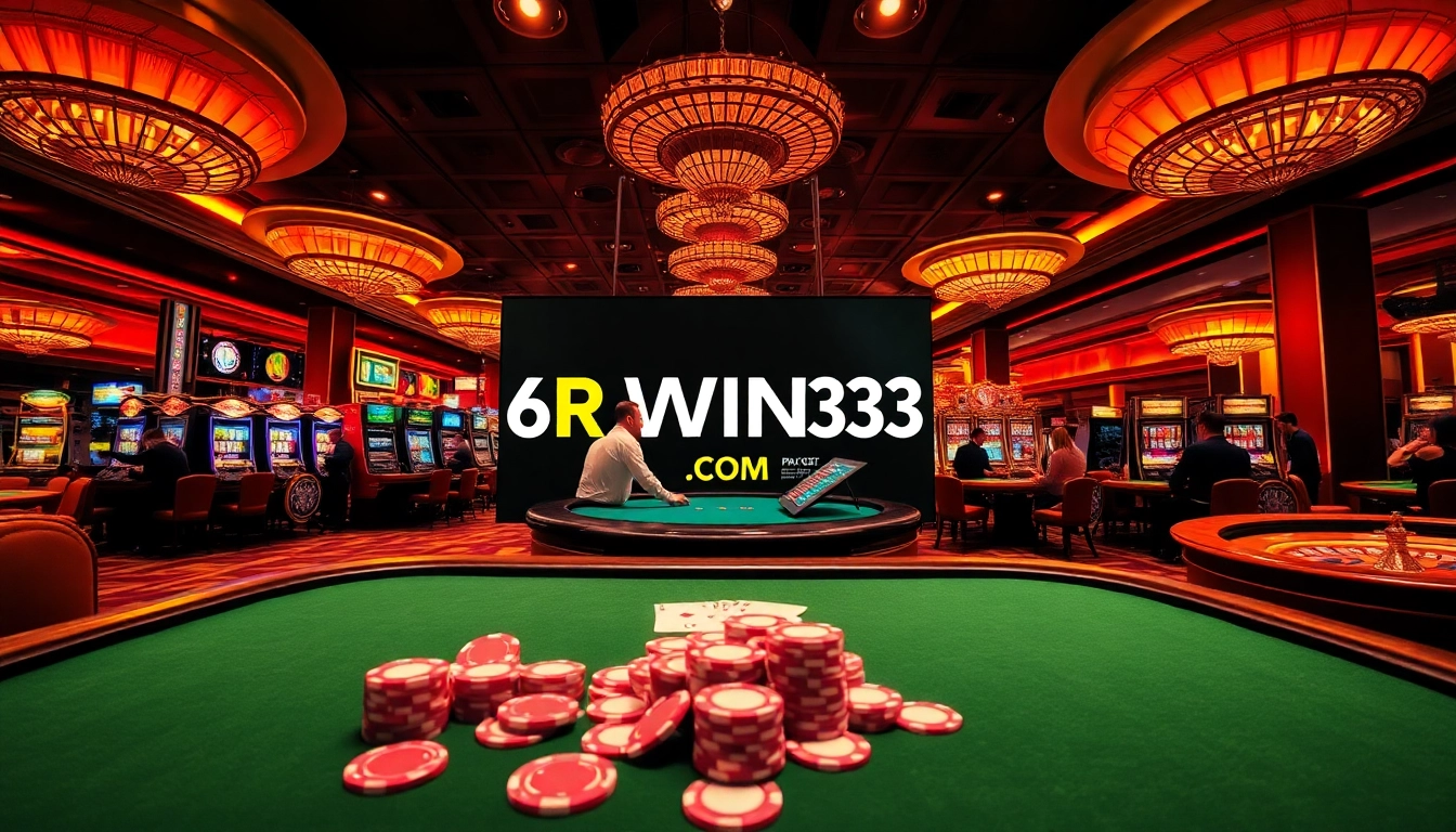 A gambler rolls dice at the luxurious 6RWIN33 COM casino, showcasing excitement and high stakes.